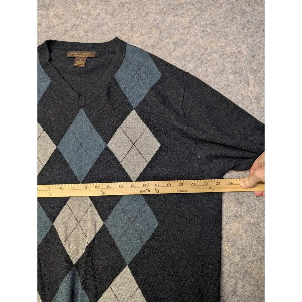 Sebastian Cooper Sweater Men Large Blue Cashmere Cotton Argyle Diamond Pullover